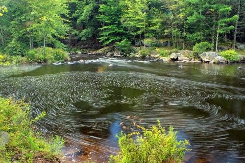 A serene river scene with swirling water patterns, surrounded by lush green trees and rocky banks.