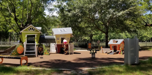 Colorful playground with small houses, slides, and play equipment surrounded by trees and grass.