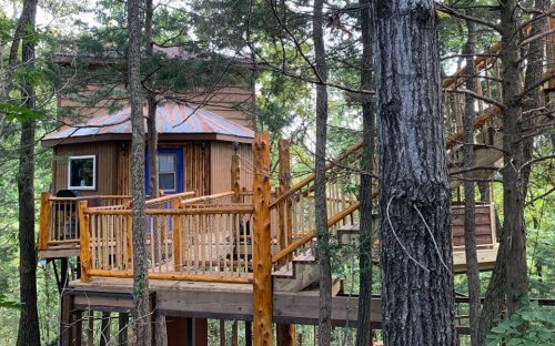 A wooden treehouse with a metal roof, surrounded by trees and featuring a deck and stairs.
