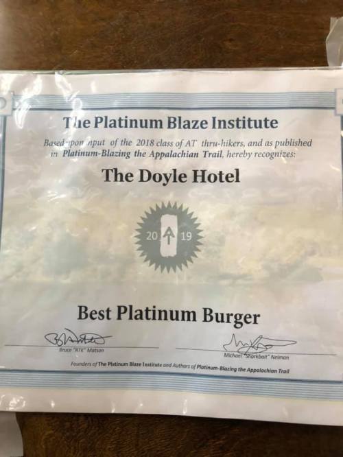 Certificate recognizing The Doyle Hotel as Best Platinum Burger, awarded by The Platinum Blaze Institute, 2019.