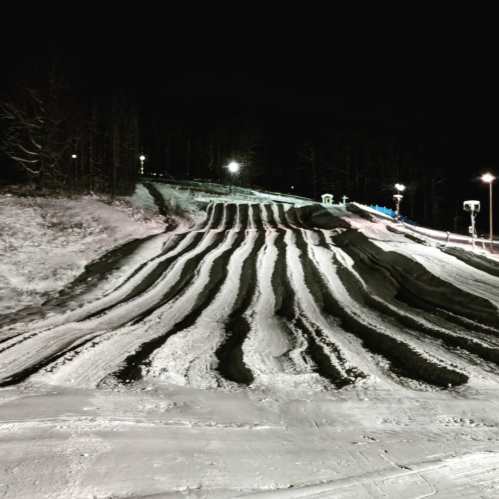 Snow-covered slopes with distinct, wavy tracks under night lighting, surrounded by trees.