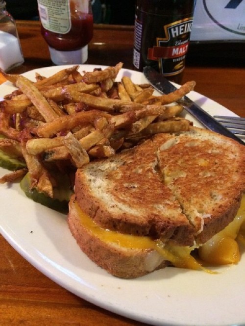 A plate with a grilled cheese sandwich, melted cheese oozing out, and a side of crispy French fries.