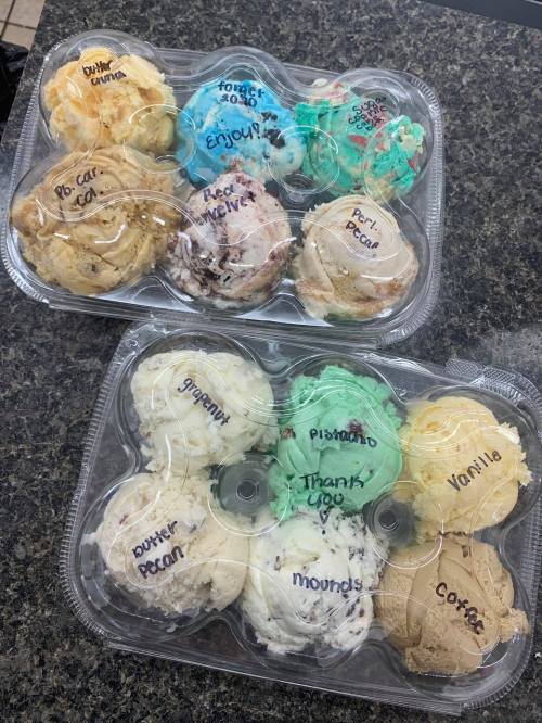 Two trays of assorted ice cream scoops labeled with flavors like butter pecan, mint chocolate chip, and vanilla.