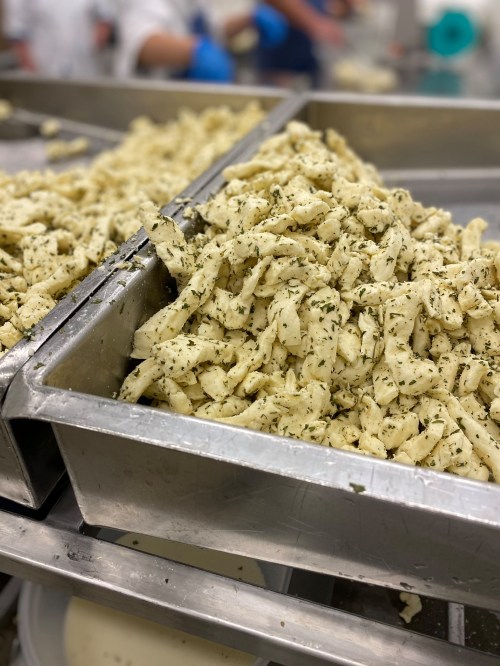 A large tray filled with freshly made pasta, sprinkled with herbs, in a busy kitchen setting.