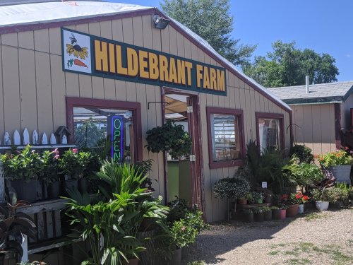 A farm shop with a sign reading "Hildebrant Farm," surrounded by various potted plants and greenery.