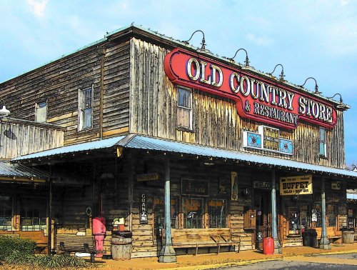 A rustic wooden building with a large sign reading "Old Country Store & Restaurant," featuring vintage decor and a welcoming entrance.
