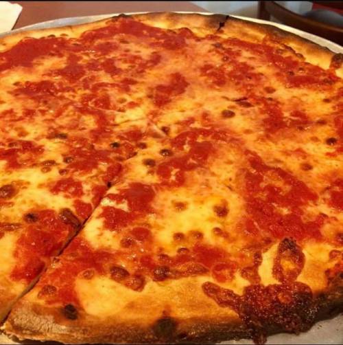 A close-up of a cheese pizza with a golden crust and a generous layer of tomato sauce.