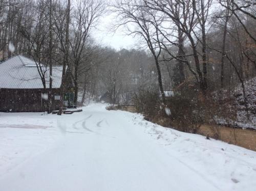 A snowy road winding through a forest, with a cabin and trees in the background, creating a serene winter scene.