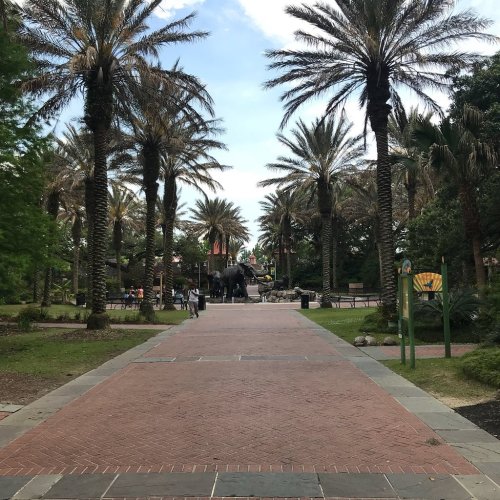 A pathway lined with palm trees leads to a park with a statue of an elephant in the distance.