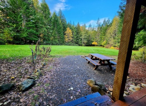 A serene outdoor scene featuring a picnic table on a grassy area surrounded by trees and a clear blue sky.