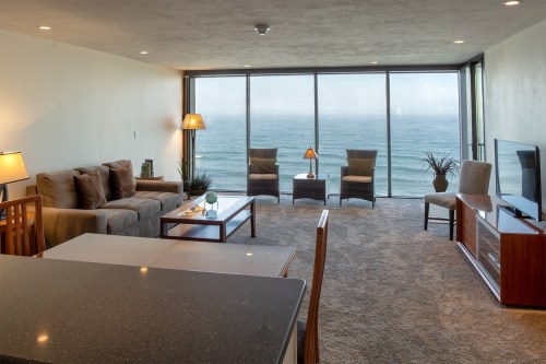 Cozy living room with ocean view, featuring a sofa, chairs, coffee table, and TV, with large windows letting in natural light.