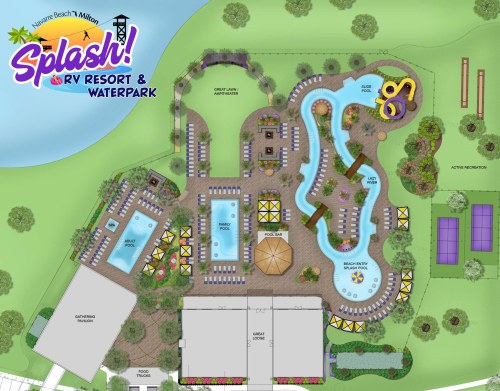 Map layout of Splash! RV Resort & Waterpark, featuring pools, slides, a beach area, and recreational spaces.