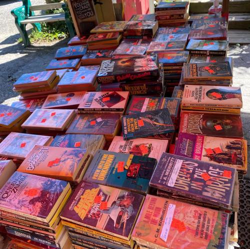 A vibrant display of assorted used books stacked on a table, many with price tags, in a sunny outdoor setting.