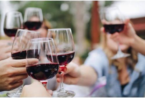 A group of people toasting with glasses of red wine outdoors, celebrating together.