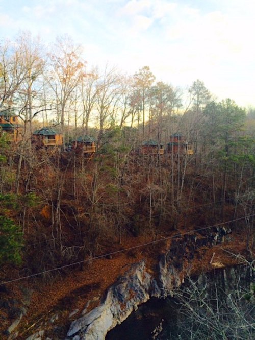 Treehouses nestled among bare trees on a hillside, overlooking a rocky riverbank under a cloudy sky.