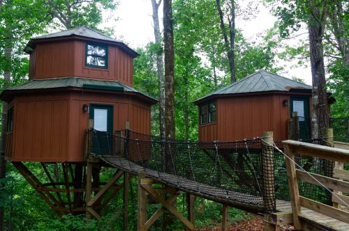 Two wooden treehouses connected by a rope bridge, surrounded by lush green trees.