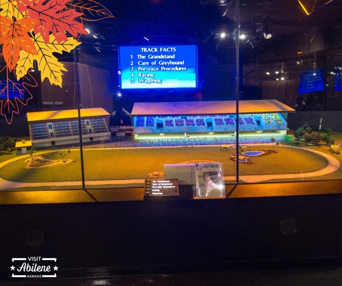 A model of a racetrack displayed in a glass case, with information screens and autumn leaves in the corner.