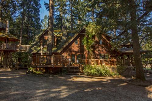 A rustic wooden cabin surrounded by tall trees, featuring a large deck and a serene outdoor setting.