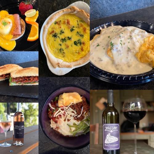 A collage of gourmet dishes, including quiche, pasta, sandwiches, and wine, showcasing a variety of delicious meals.