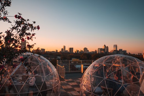 Rooftop view of a city skyline at sunset, featuring transparent domes and blooming flowers in the foreground.