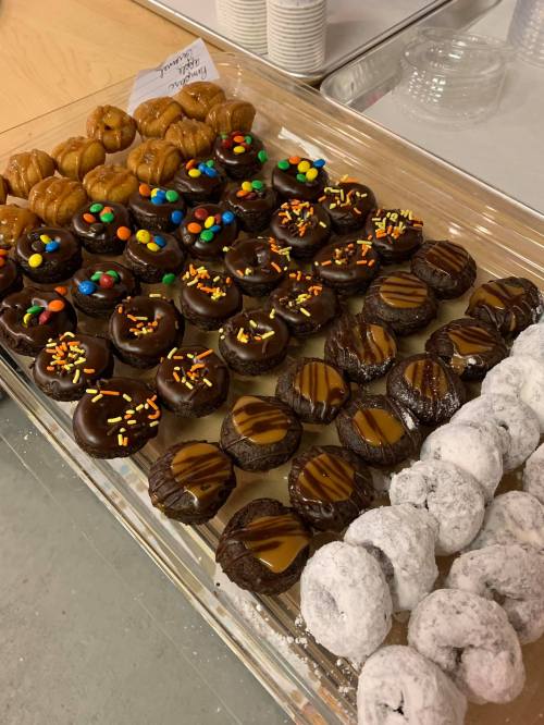 A tray of assorted mini donuts, including chocolate-covered, glazed, and sprinkled varieties.