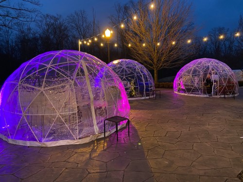 Three illuminated transparent igloos on a patio, surrounded by trees and string lights, during twilight.