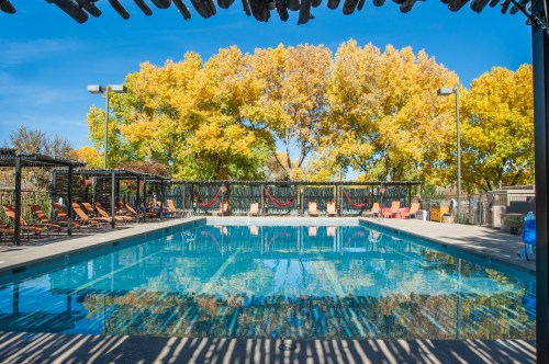 A clear blue pool surrounded by lounge chairs and vibrant autumn trees under a bright blue sky.