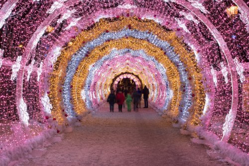 A colorful tunnel of lights in pink, gold, and blue, with people walking through a festive winter scene.