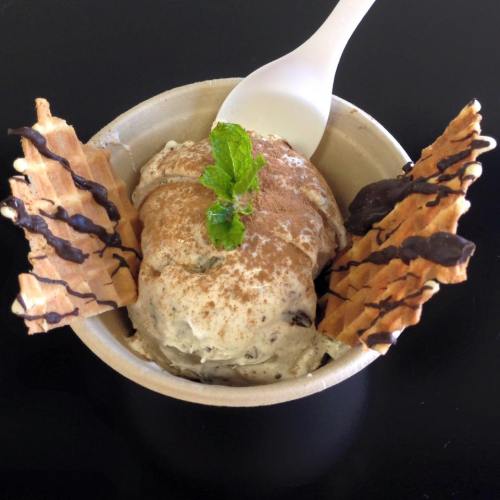 A bowl of ice cream topped with a mint leaf, surrounded by chocolate-drizzled waffle cones and a spoon.