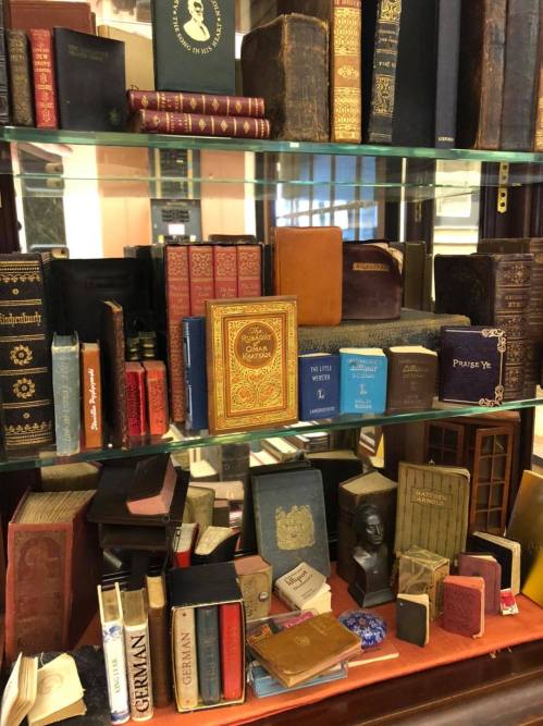 A display of various antique books and leather-bound volumes on glass shelves.