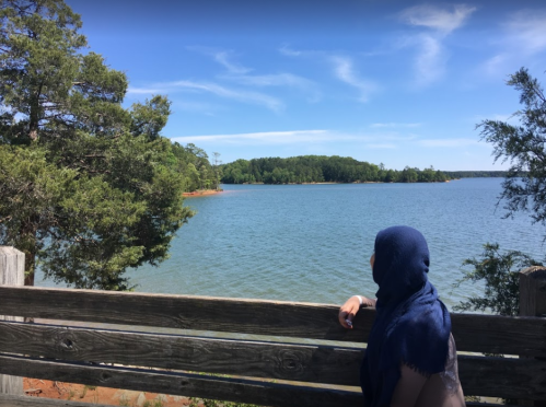A person in a blue hijab gazes at a serene lake surrounded by trees under a clear blue sky.