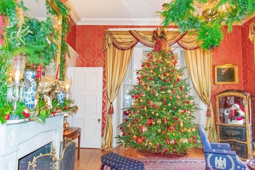 A festive room decorated for Christmas, featuring a large tree adorned with red ornaments and greenery.