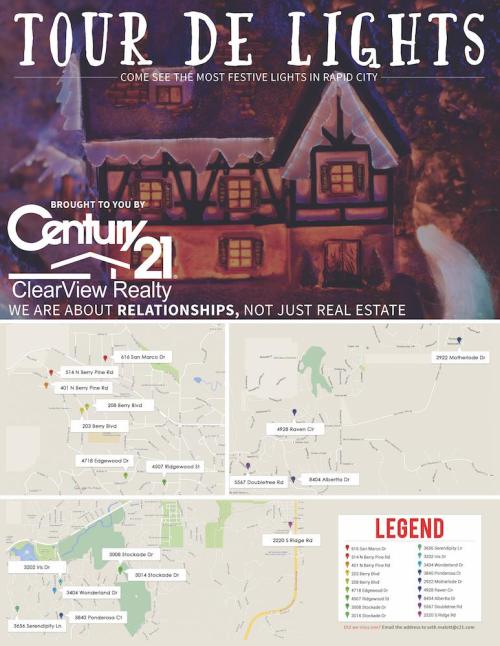 Map for "Tour de Lights" in Rapid City, featuring festive light locations and a legend for navigation.