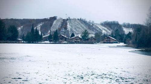Snow-covered landscape with a hill in the background and wooden cabins near a frozen lake.