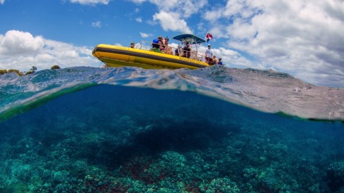 A yellow boat with people on board floats above vibrant coral reefs, viewed from underwater.