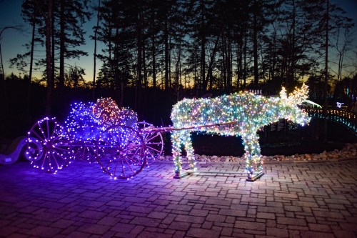 A lit-up reindeer and cart made of colorful lights, set against a twilight forest backdrop.