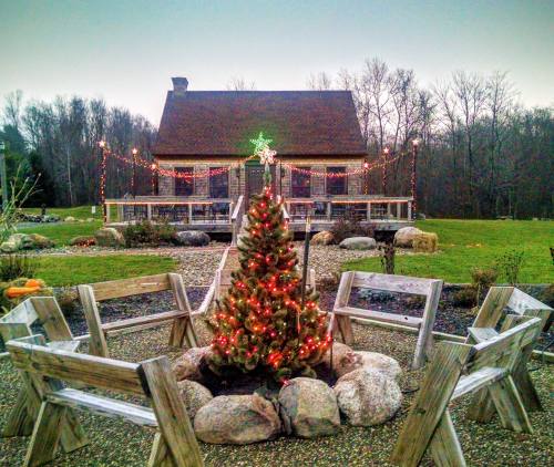 A cozy cabin decorated with Christmas lights, featuring a small tree in front and a stone fire pit surrounded by wooden benches.