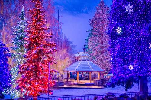 A winter scene featuring colorful illuminated trees and a gazebo, surrounded by a snowy landscape.