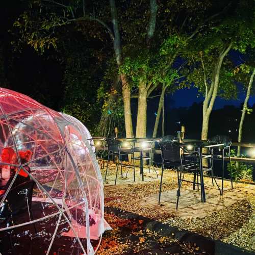 A cozy outdoor dining area with a transparent dome and tables surrounded by trees at night.
