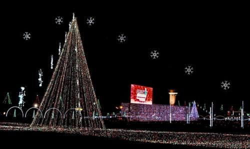 A festive display of colorful Christmas lights, featuring a large illuminated tree and snowflakes against a dark sky.