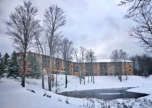 A snowy landscape featuring a large building beside a pond, surrounded by bare trees and a cloudy sky.