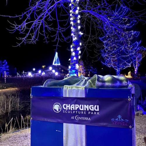 A nighttime view of Chapungu Sculpture Park, illuminated with blue lights and festive decorations.