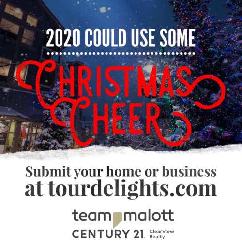 Text overlay on a snowy scene with festive decorations, promoting Christmas cheer and a call to submit homes at tourdelights.com.