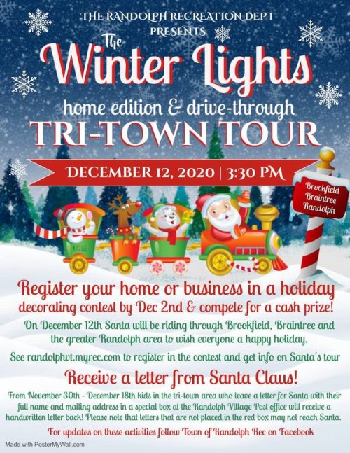 Promotional flyer for the Winter Lights Tour on December 12, 2020, featuring holiday decorating contest details.
