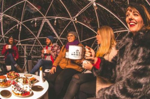 A group of five people enjoying drinks and food inside a cozy dome, surrounded by festive decor.