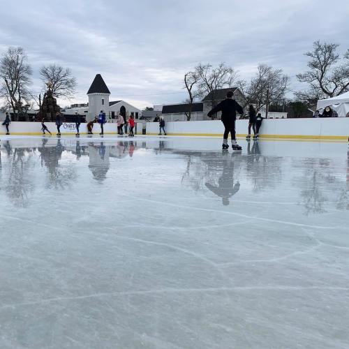 A group of people ice skating on a rink with a cloudy sky and trees in the background.