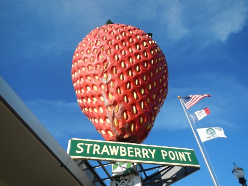 Giant strawberry sculpture atop a sign reading "Strawberry Point," with flags waving in the background against a blue sky.