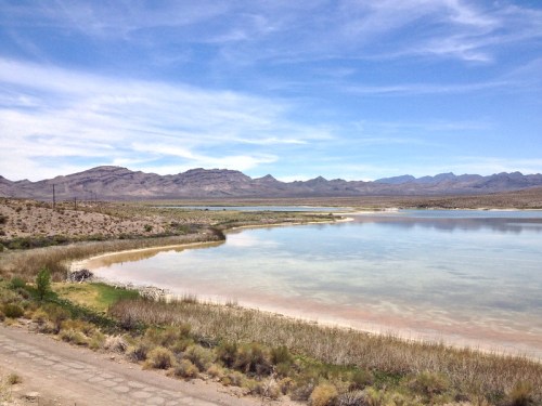 A serene landscape featuring a calm lake surrounded by mountains and grassy shores under a clear blue sky.
