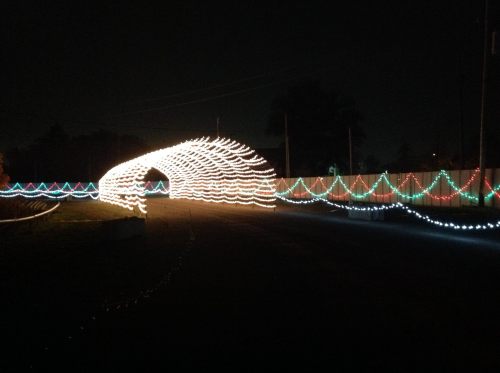 A festive display of colorful lights forming an arch and decorative patterns along a pathway at night.