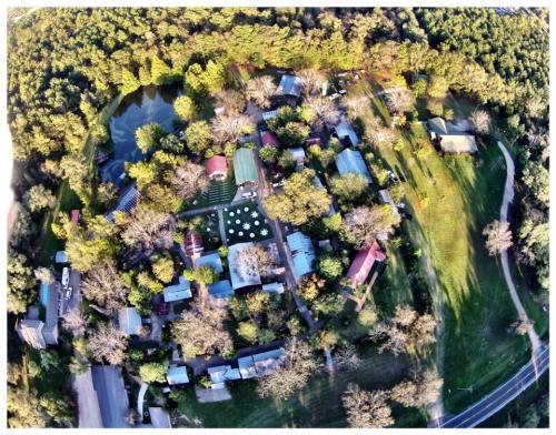 Aerial view of a wooded area with a cluster of buildings, a pond, and green spaces surrounded by trees.